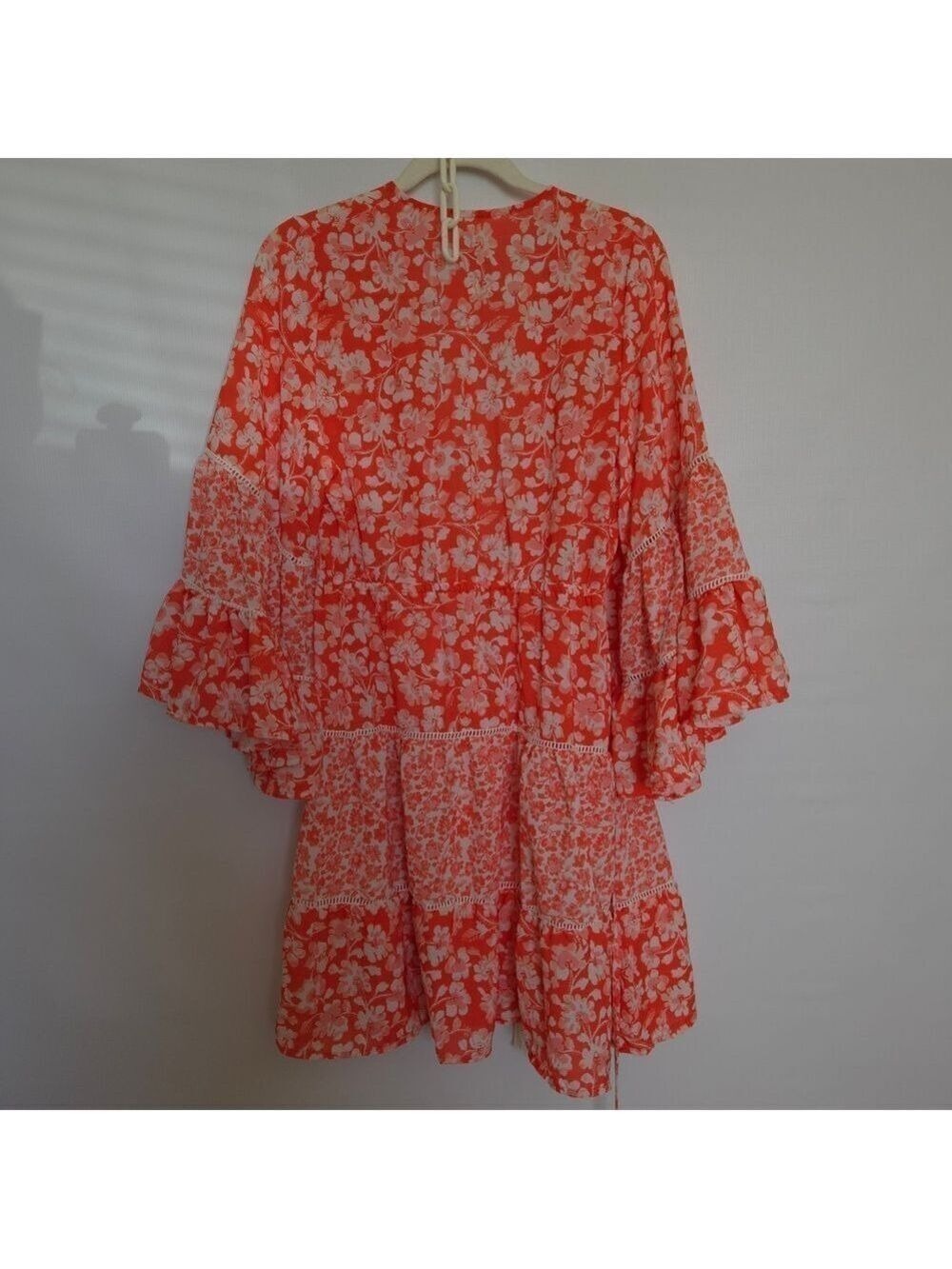 COSITA LINDA FULL WRAP DRESS BEACHWEAR ORANGE WHITE RUFFLES FLOWY BOHO SZ MEDIUM - Picture 2 of 15